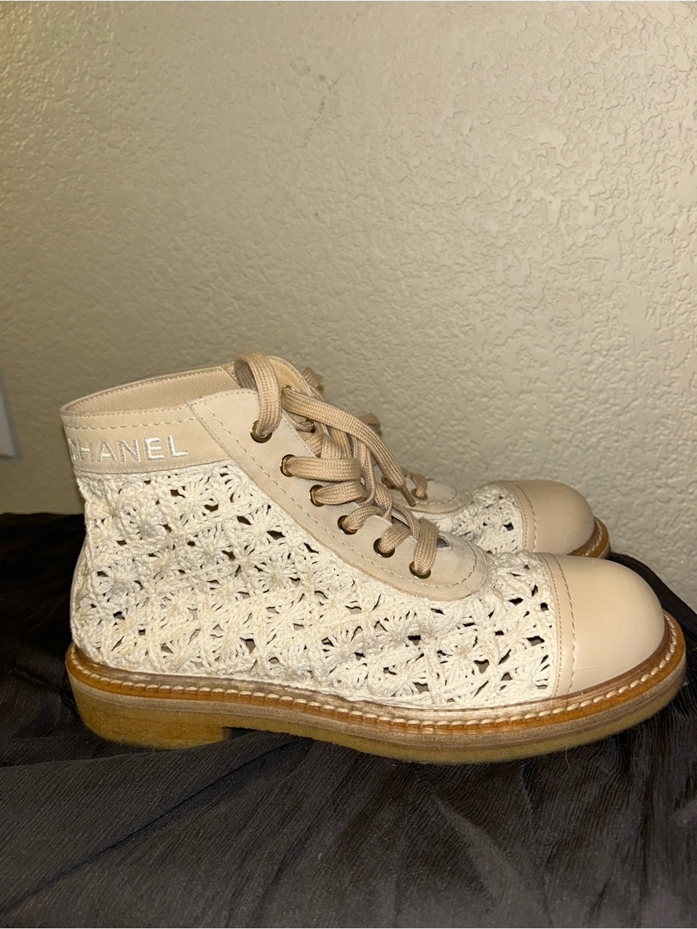 Chanel Cream Crochet Lace Lace-Up Ankle Combat Boots